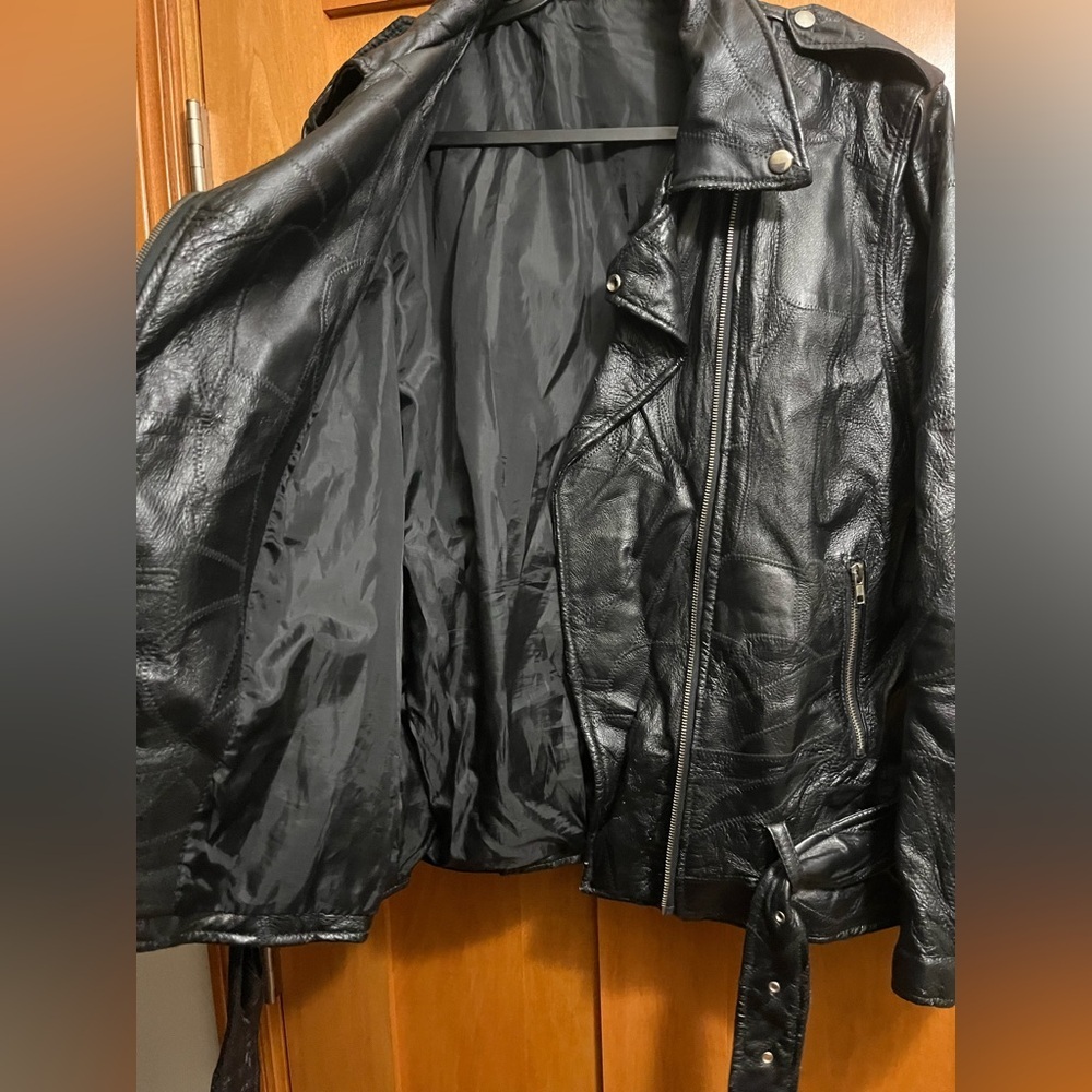 Genuine Leather Brand Black Motorcycle Jacket God Bless America Patch Women L​​ - Picture 4 of 7